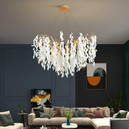 Elegant White Jade Branch Brass Chandelier with Adjustable Lighting