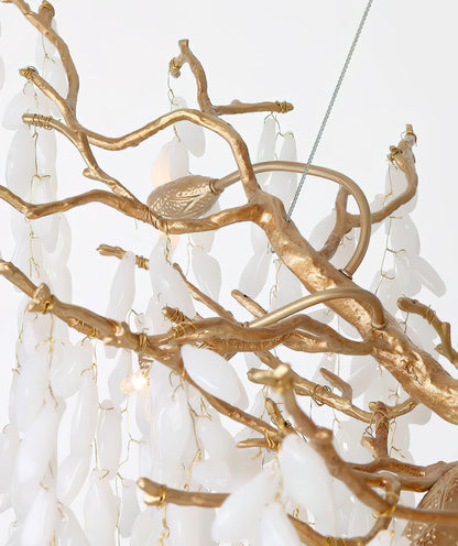 Elegant White Jade Branch Brass Chandelier with Adjustable Lighting