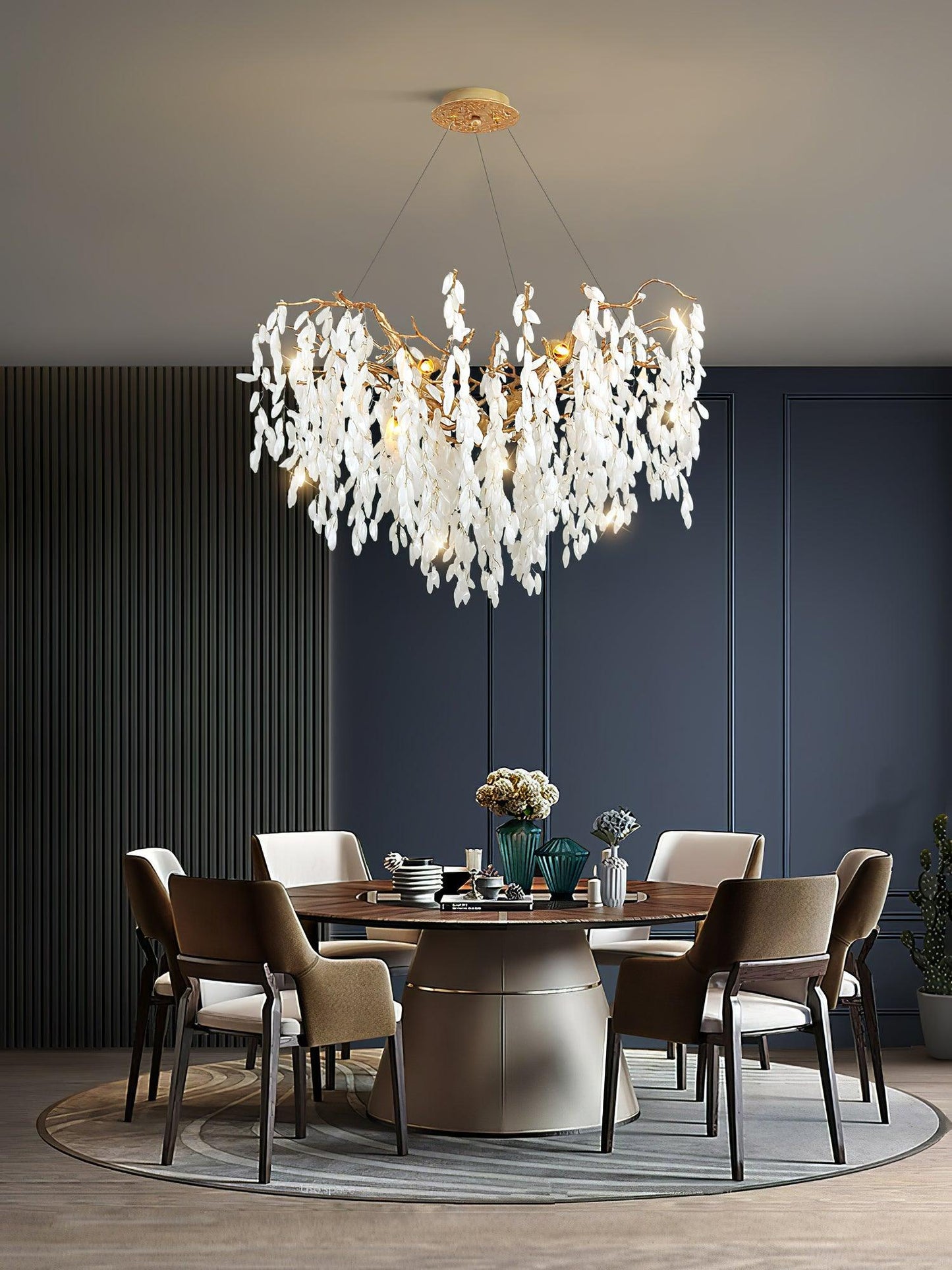 Elegant White Jade Branch Brass Chandelier with Adjustable Lighting