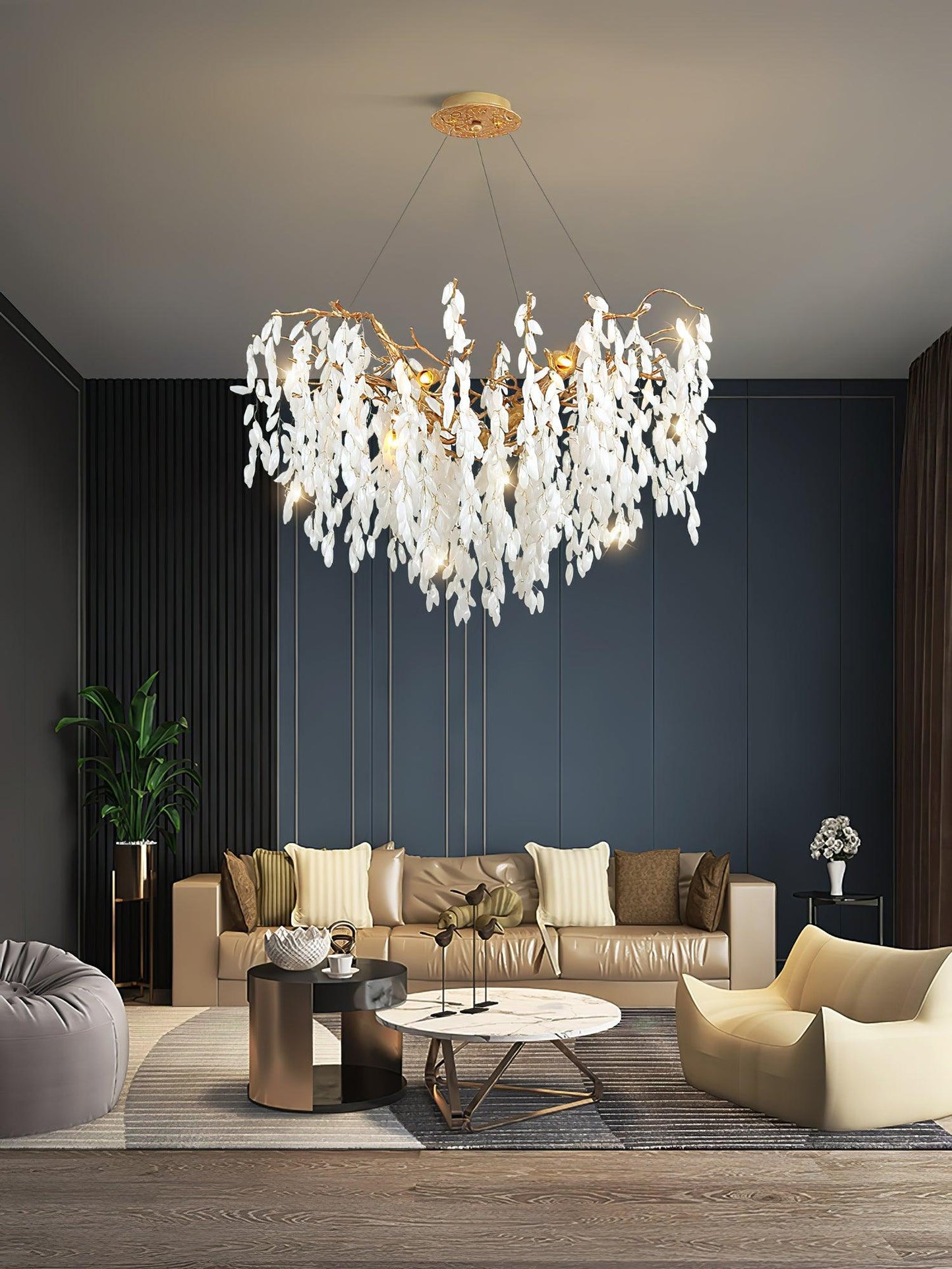 Elegant White Jade Branch Brass Chandelier with Adjustable Lighting