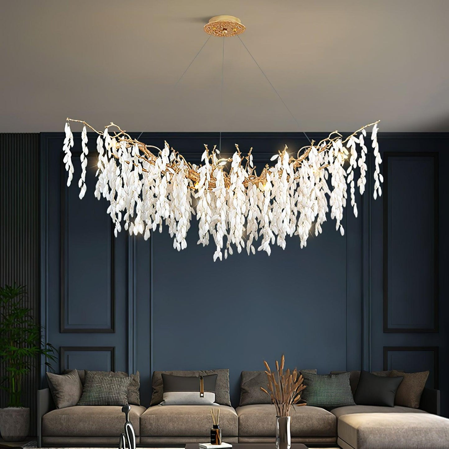 Elegant White Jade Branch Brass Chandelier with Adjustable Lighting