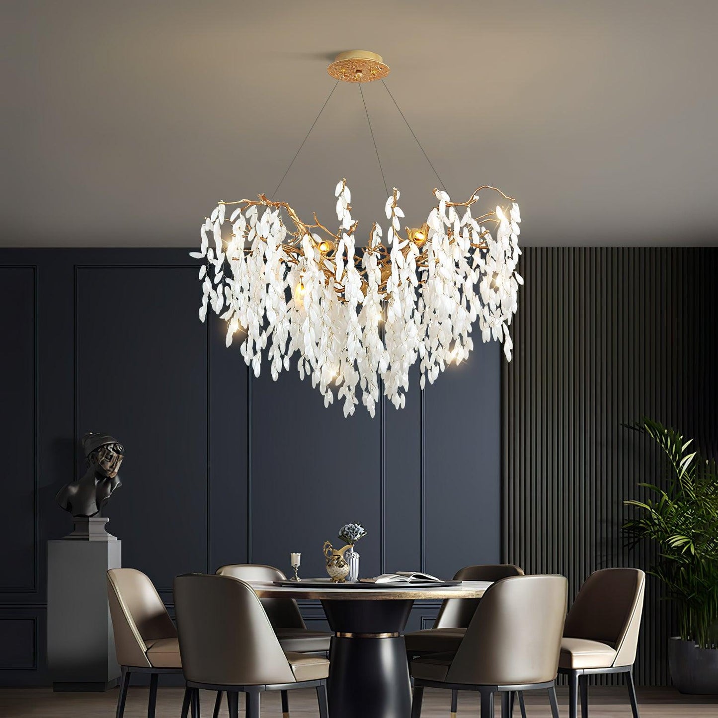 Elegant White Jade Branch Brass Chandelier with Adjustable Lighting