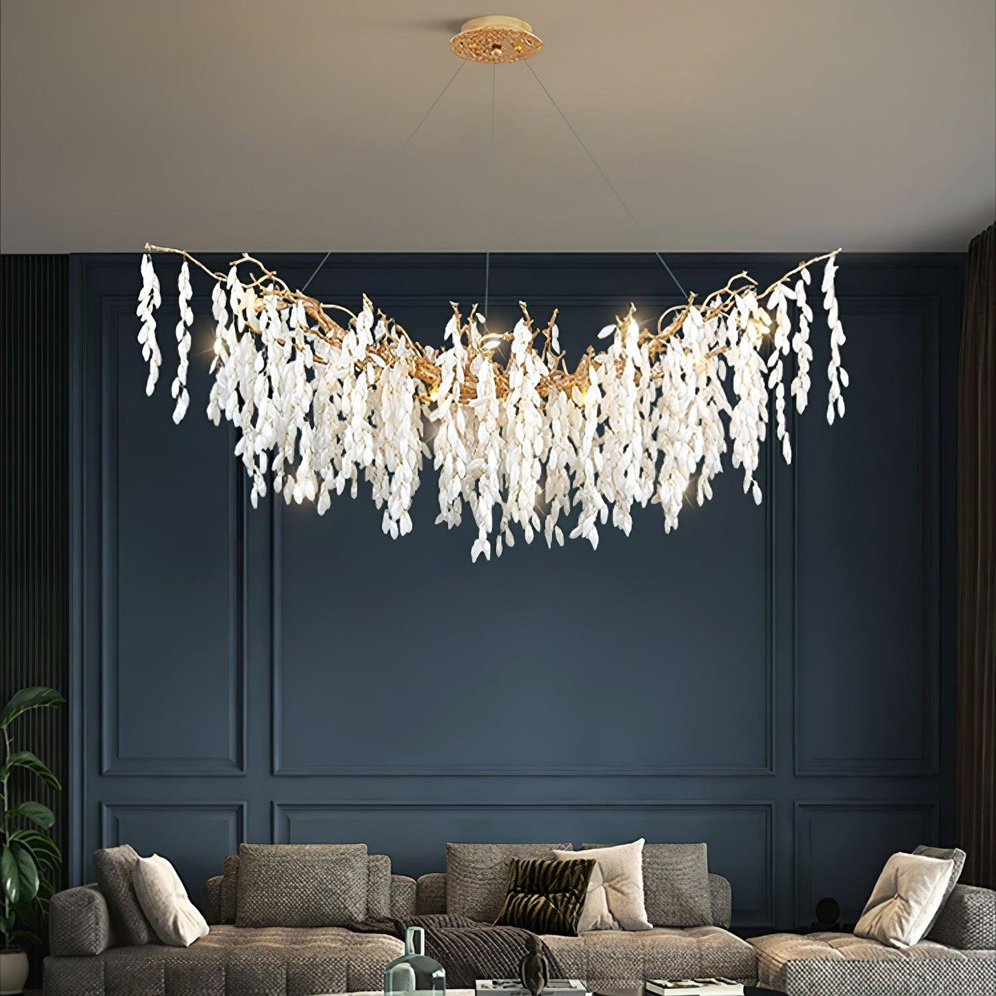 Elegant White Jade Branch Brass Chandelier with Adjustable Lighting