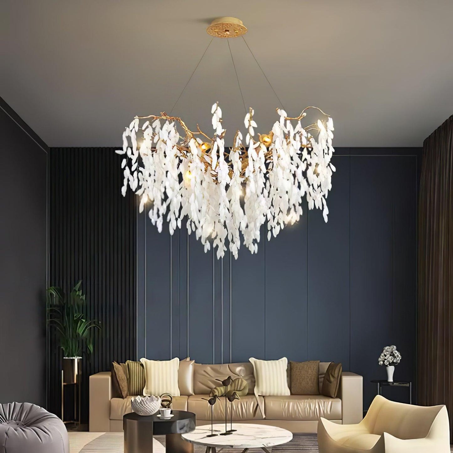 Elegant White Jade Branch Brass Chandelier with Adjustable Lighting