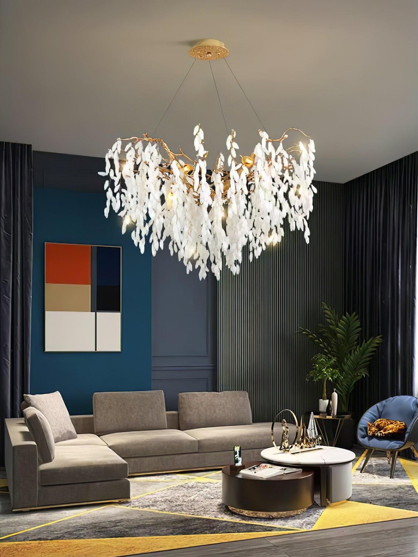 Elegant White Jade Branch Brass Chandelier with Adjustable Lighting