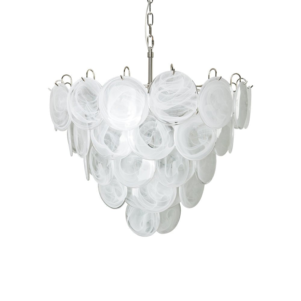 Modern White Glass Disc Chandelier with Adjustable Height & LED Lighti