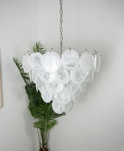 Modern White Glass Disc Chandelier with Adjustable Height & LED Lighti