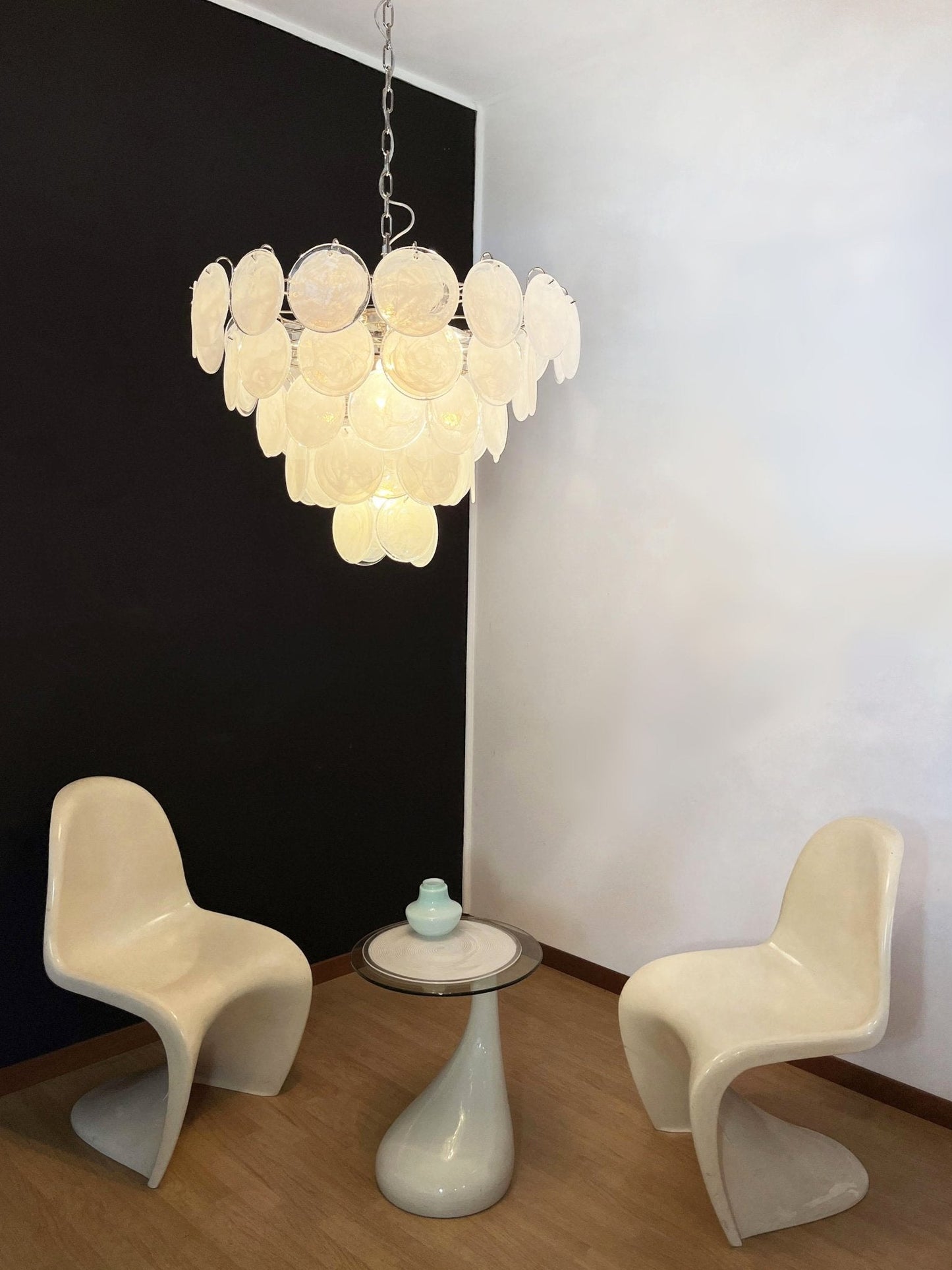 Modern White Glass Disc Chandelier with Adjustable Height & LED Lighti