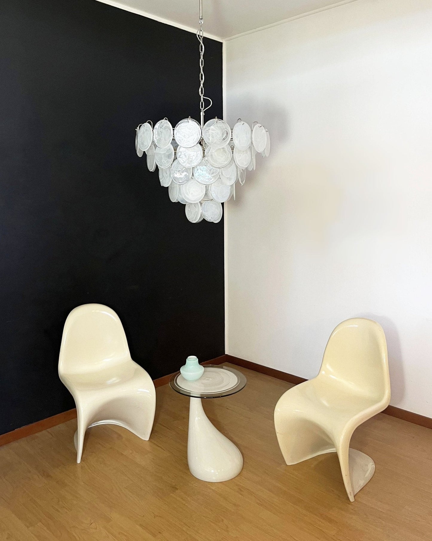 Modern White Glass Disc Chandelier with Adjustable Height & LED Lighti