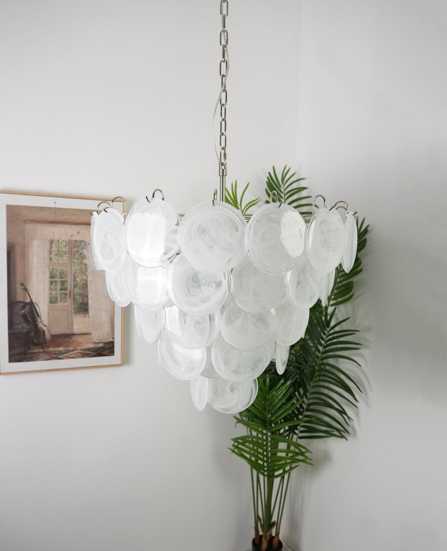 Modern White Glass Disc Chandelier with Adjustable Height & LED Lighti