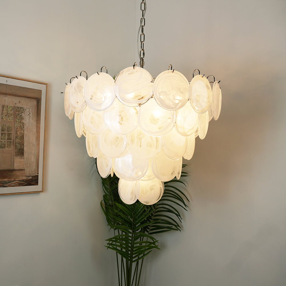 Modern White Glass Disc Chandelier with Adjustable Height & LED Lighti