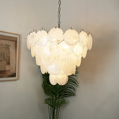 Modern White Glass Disc Chandelier with Adjustable Height & LED Lighti