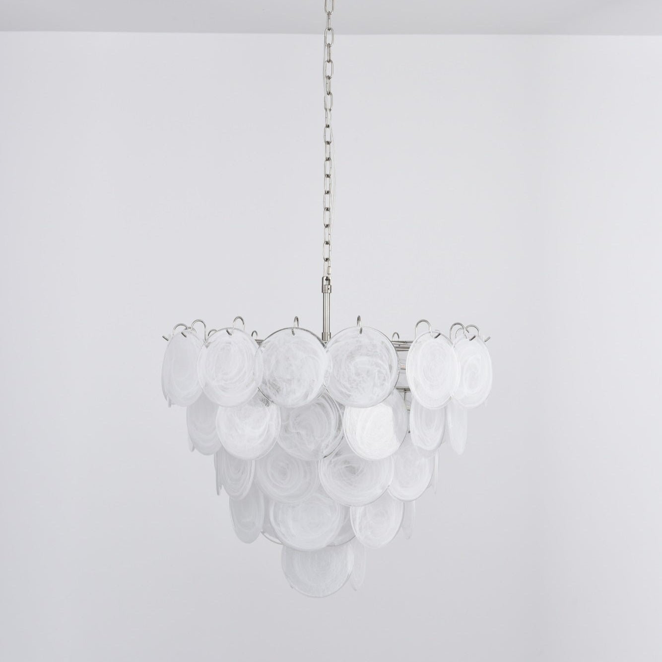 Modern White Glass Disc Chandelier with Adjustable Height & LED Lighti