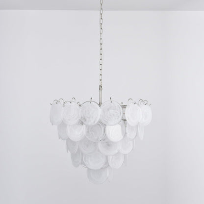 Modern White Glass Disc Chandelier with Adjustable Height & LED Lighti