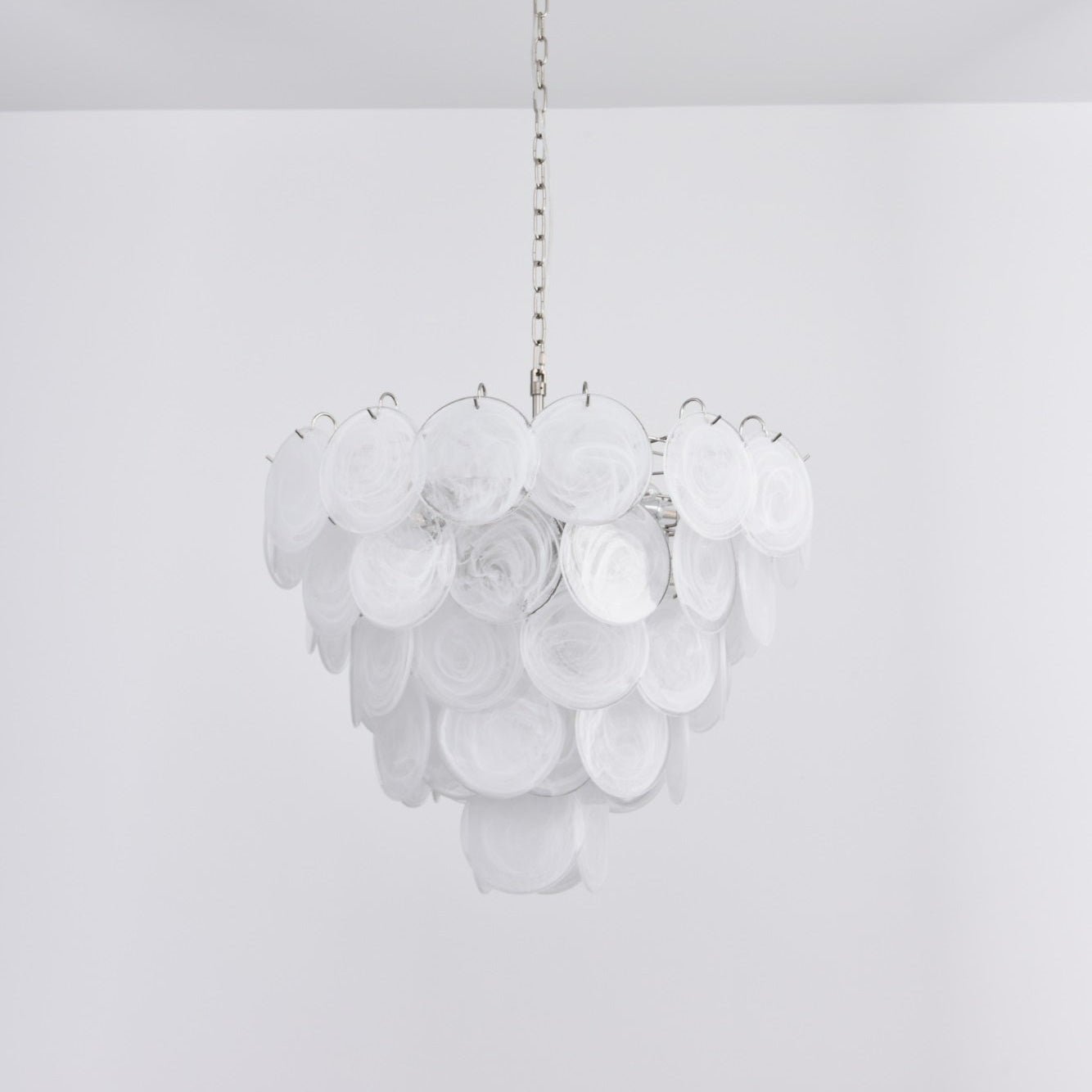 Modern White Glass Disc Chandelier with Adjustable Height & LED Lighti