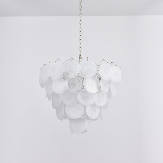 Modern White Glass Disc Chandelier with Adjustable Height & LED Lighti