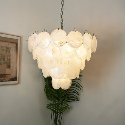Modern White Glass Disc Chandelier with Adjustable Height & LED Lighti