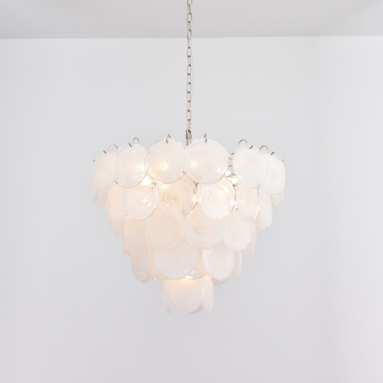 Modern White Glass Disc Chandelier with Adjustable Height & LED Lighti