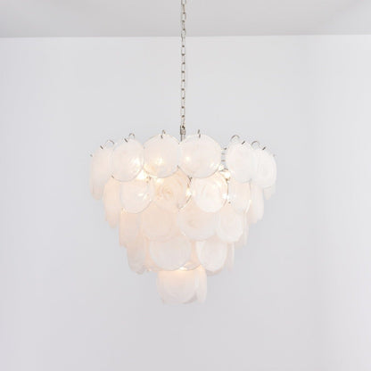 Modern White Glass Disc Chandelier with Adjustable Height & LED Lighti