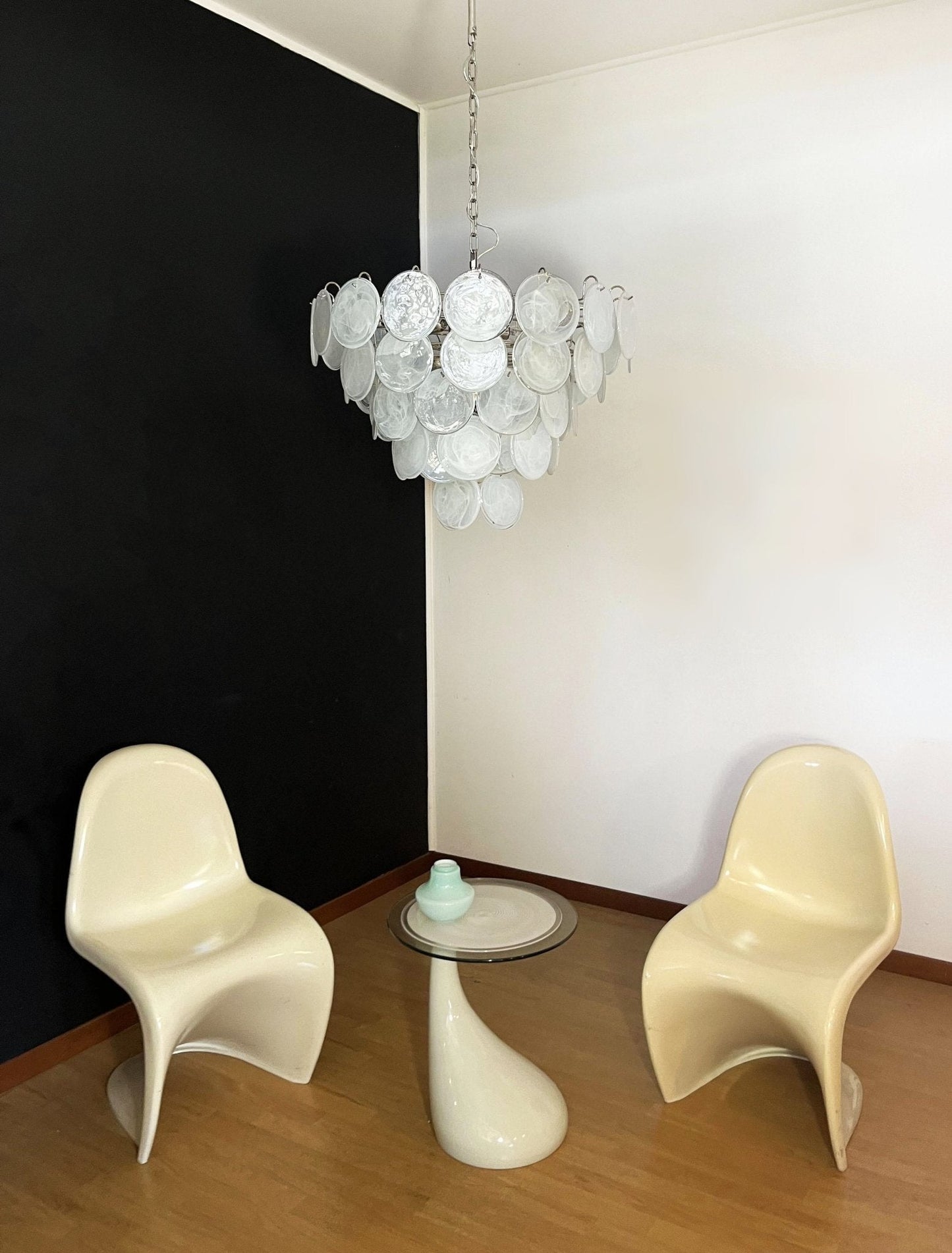 Modern White Glass Disc Chandelier with Adjustable Height & LED Lighti
