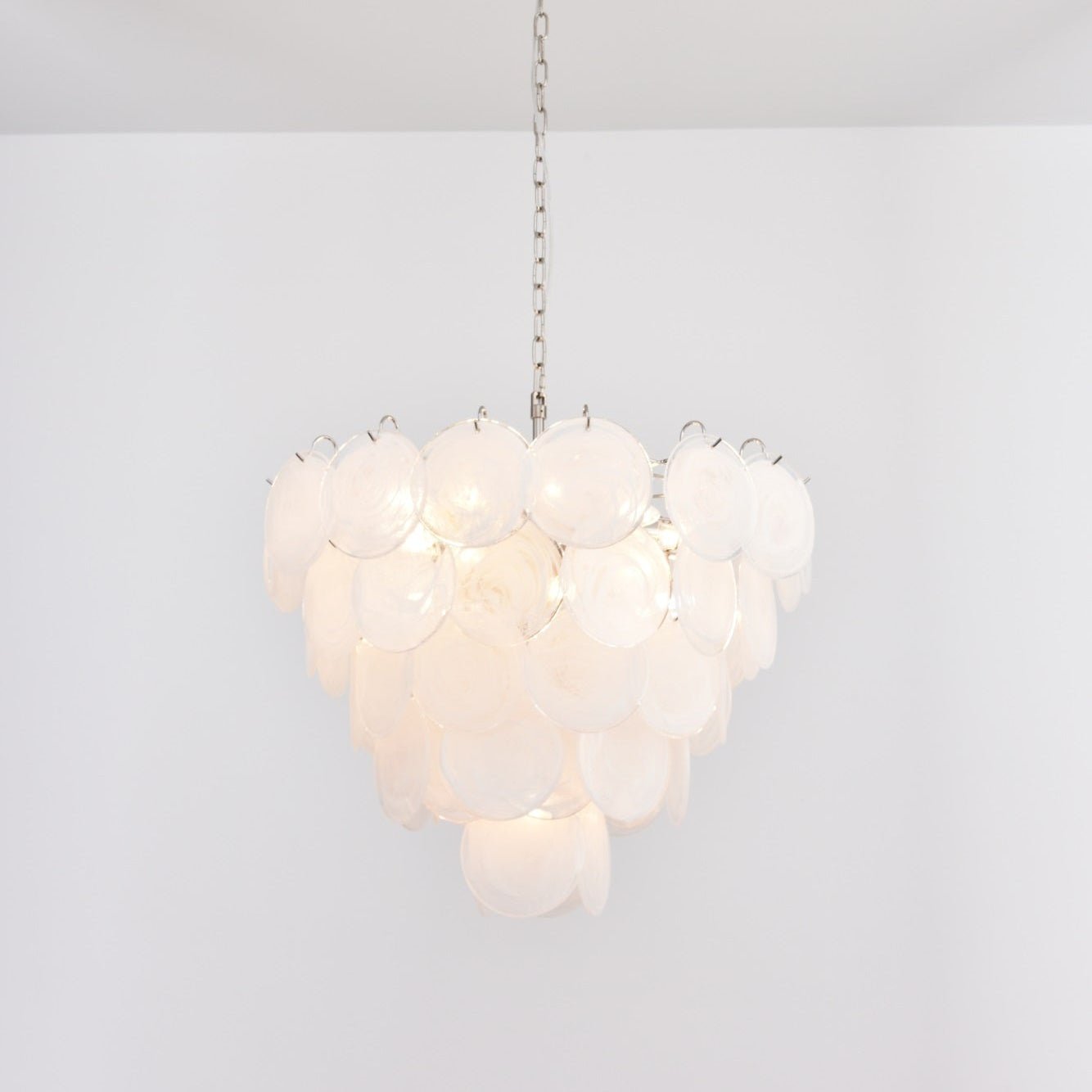 Modern White Glass Disc Chandelier with Adjustable Height & LED Lighti