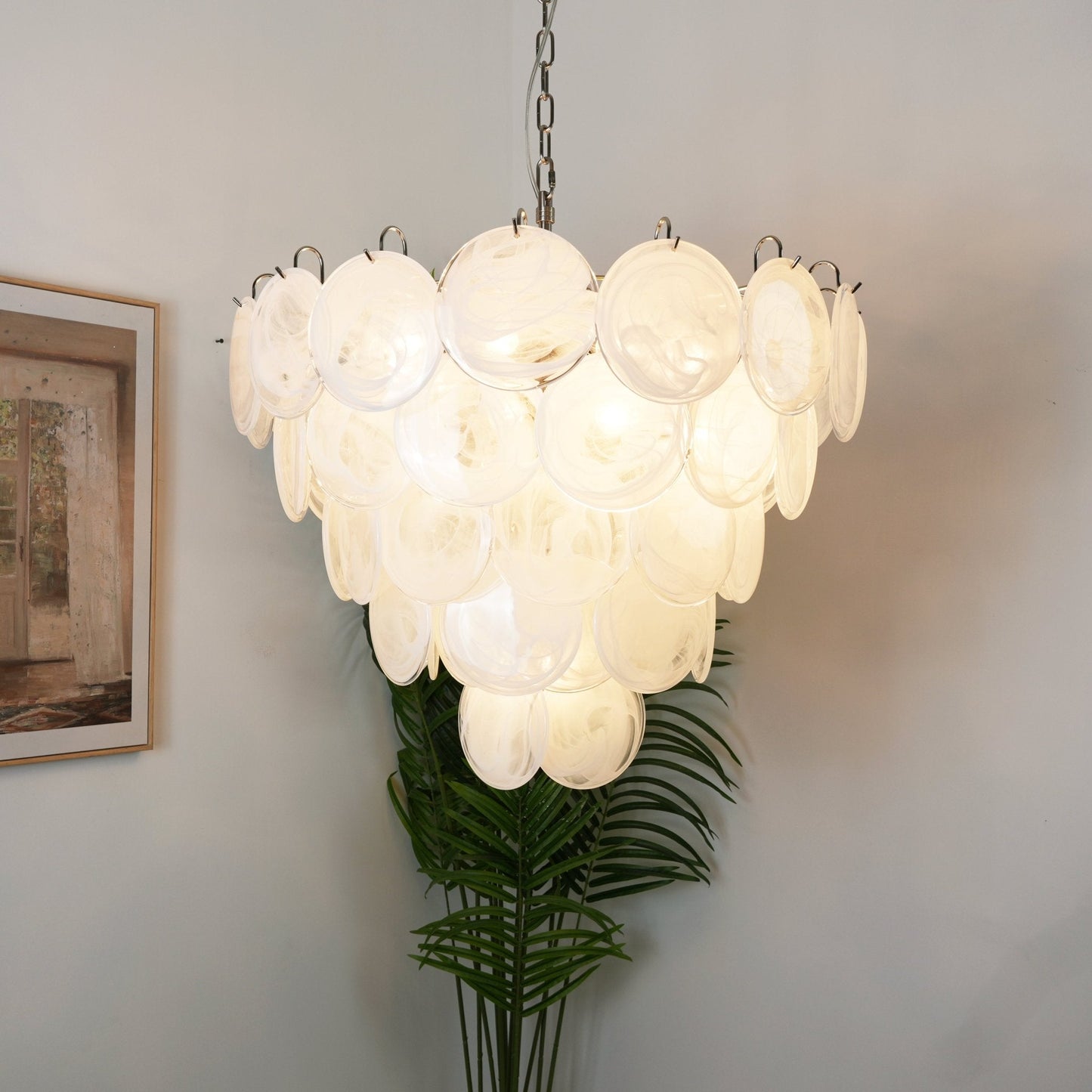 Modern White Glass Disc Chandelier with Adjustable Height & LED Lighti
