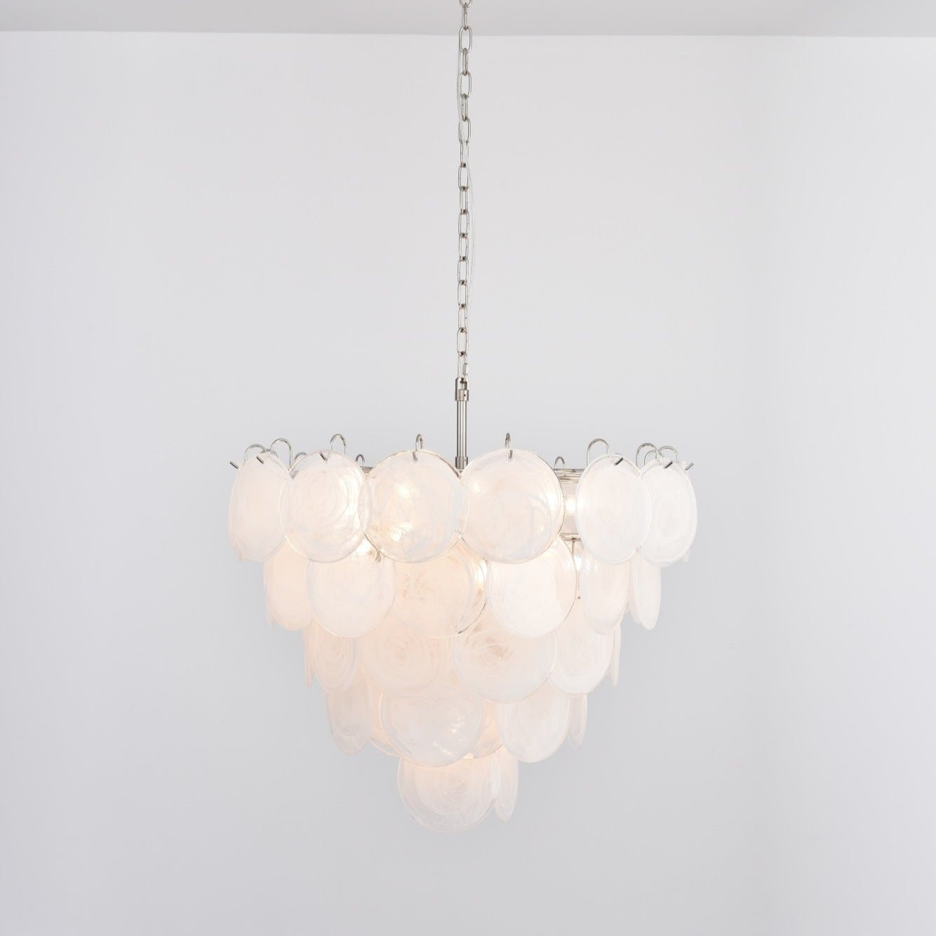 Modern White Glass Disc Chandelier with Adjustable Height & LED Lighti