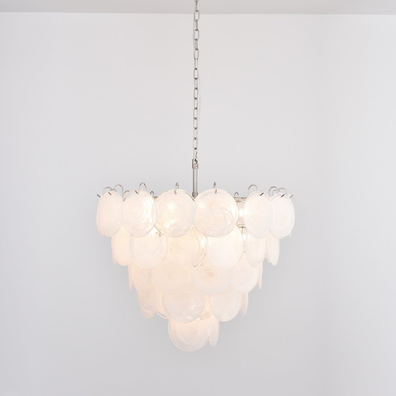 Modern White Glass Disc Chandelier with Adjustable Height & LED Lighti