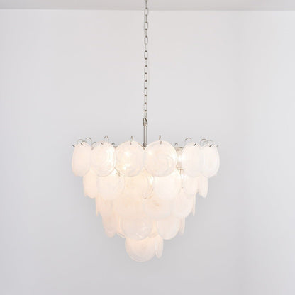 Modern White Glass Disc Chandelier with Adjustable Height & LED Lighti