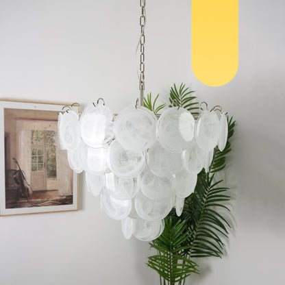 Modern White Glass Disc Chandelier with Adjustable Height & LED Lighti