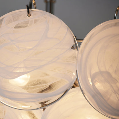 Modern White Glass Disc Chandelier with Adjustable Height & LED Lighti