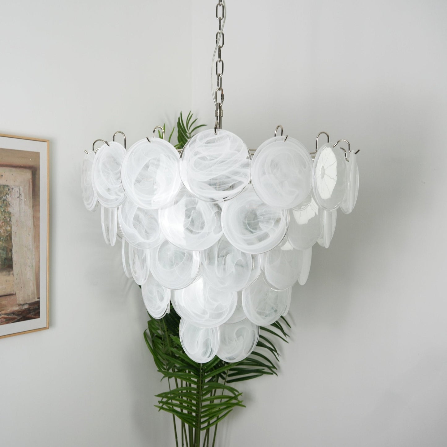 Modern White Glass Disc Chandelier with Adjustable Height & LED Lighti