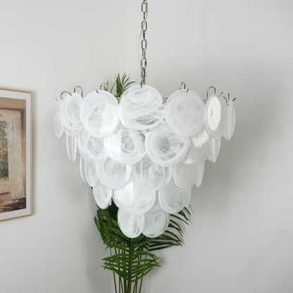 Modern White Glass Disc Chandelier with Adjustable Height & LED Lighti