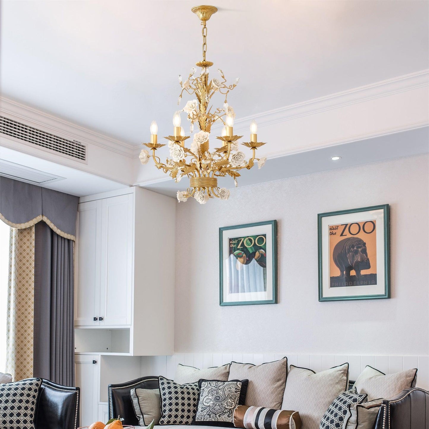 Elegant White Rose Crystal Chandelier with Adjustable Height & LED Com