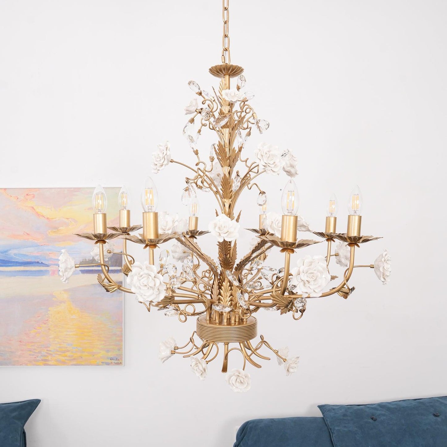 Elegant White Rose Crystal Chandelier with Adjustable Height & LED Com