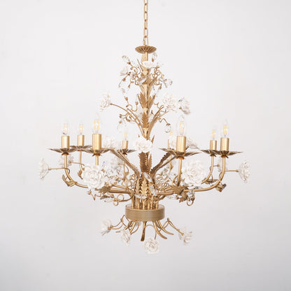 Elegant White Rose Crystal Chandelier with Adjustable Height & LED Com