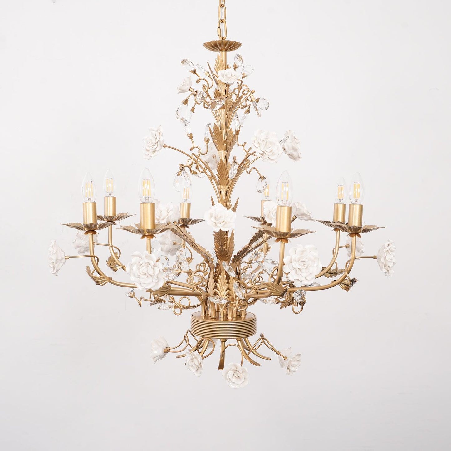 Elegant White Rose Crystal Chandelier with Adjustable Height & LED Com