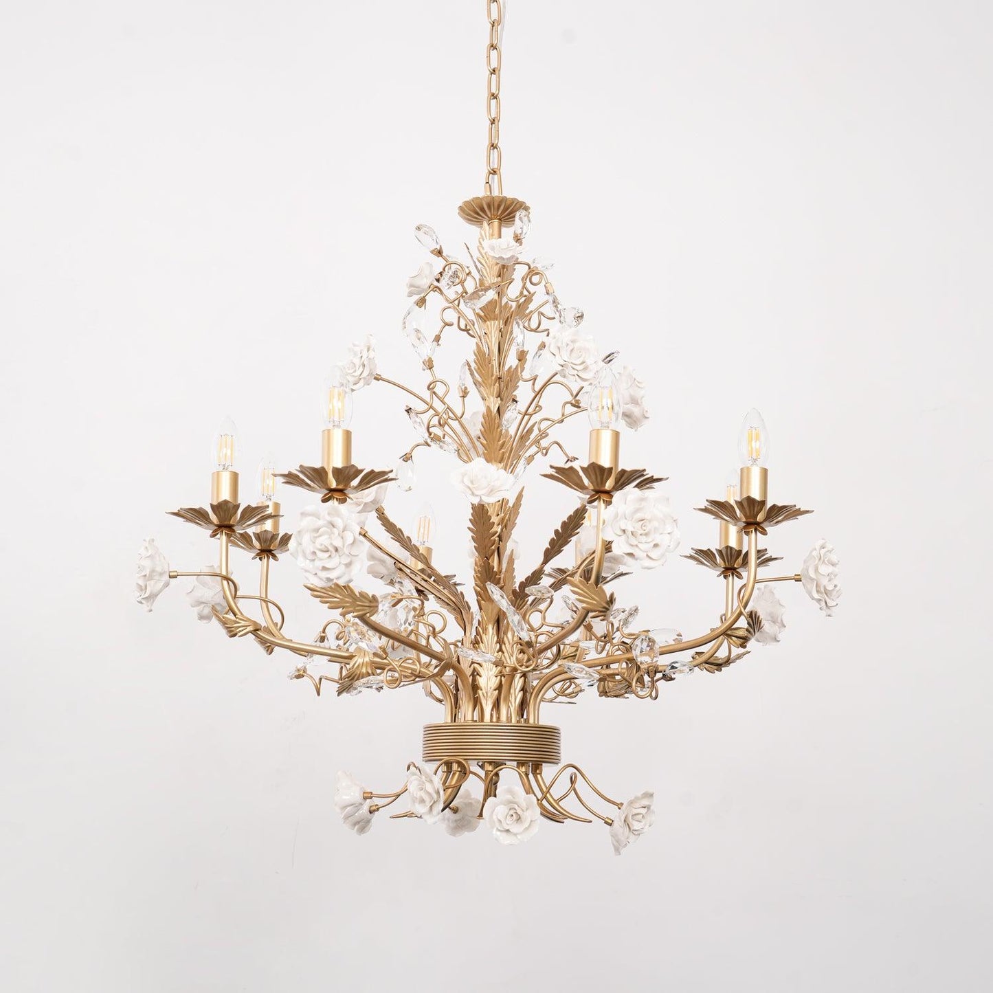 Elegant White Rose Crystal Chandelier with Adjustable Height & LED Com