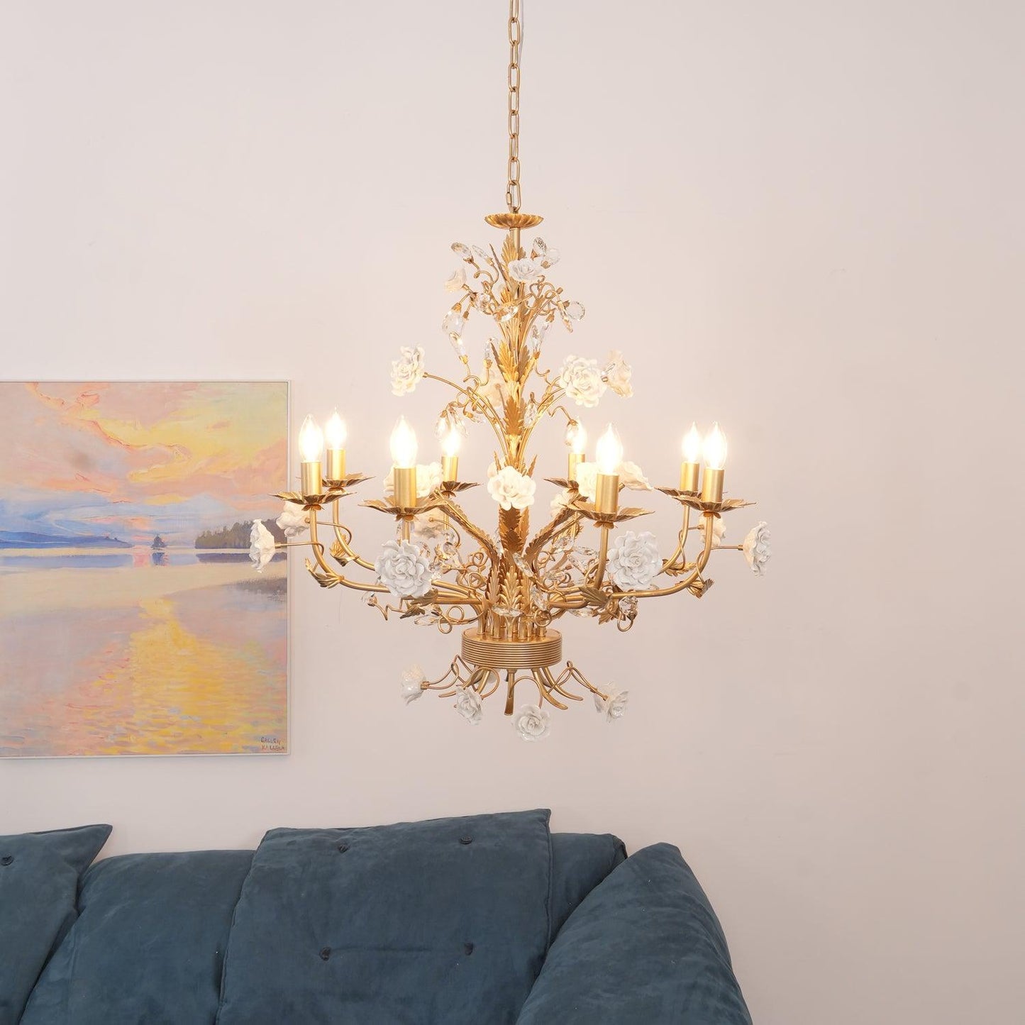 Elegant White Rose Crystal Chandelier with Adjustable Height & LED Com