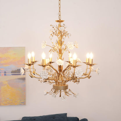 Elegant White Rose Crystal Chandelier with Adjustable Height & LED Com
