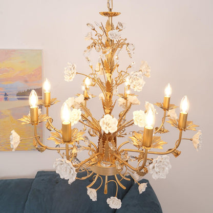 Elegant White Rose Crystal Chandelier with Adjustable Height & LED Com