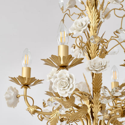 Elegant White Rose Crystal Chandelier with Adjustable Height & LED Com