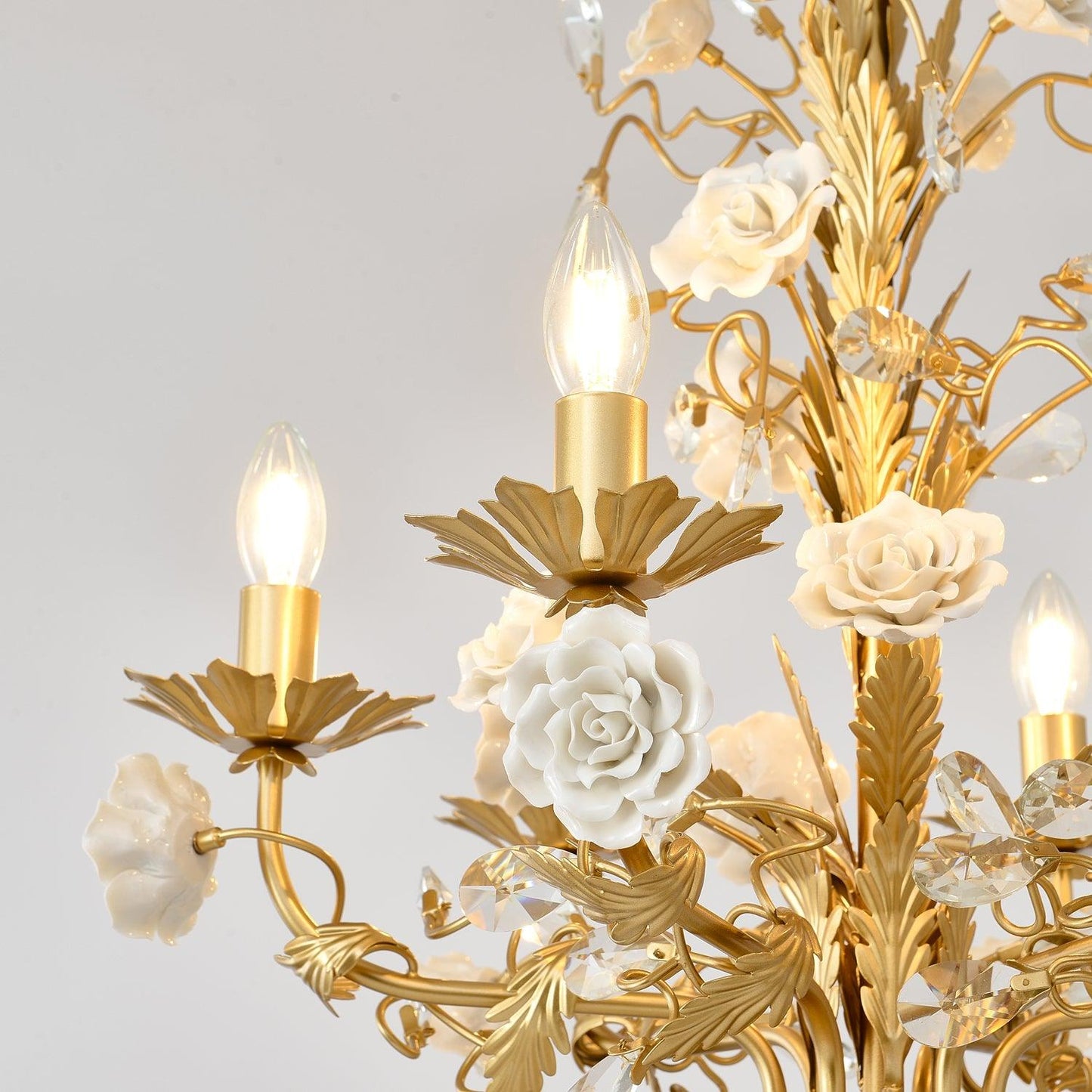 Elegant White Rose Crystal Chandelier with Adjustable Height & LED Com