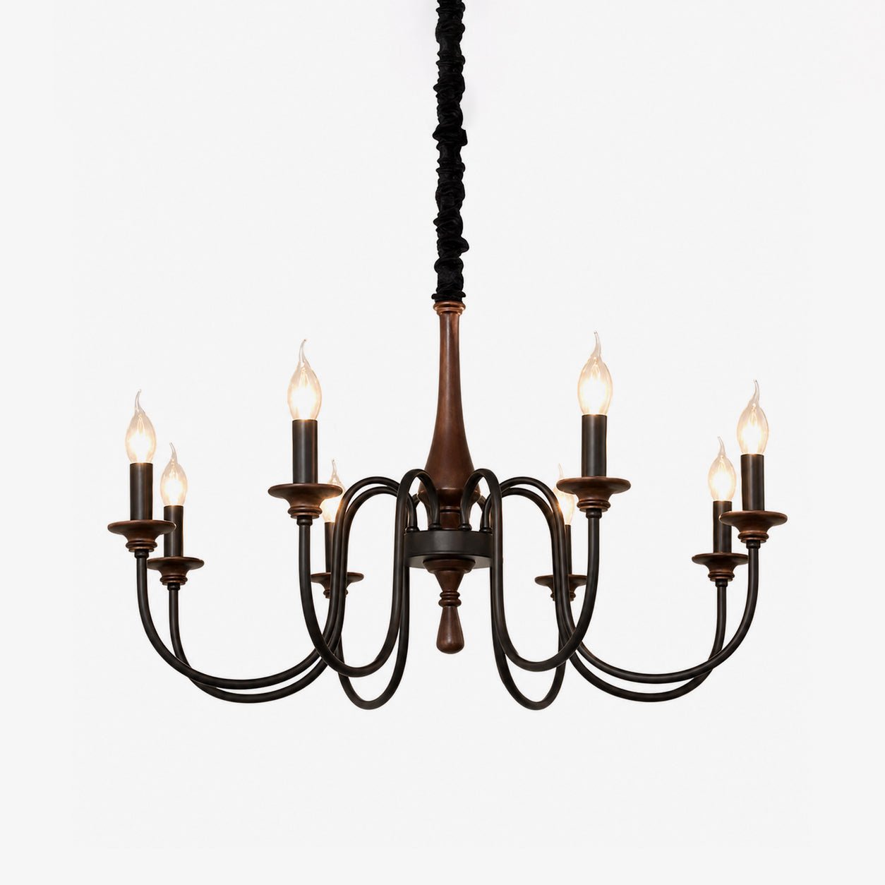 Rustic Wood & Iron Candle Chandelier with Adjustable Height & Elegant