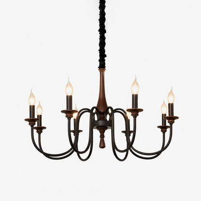 Rustic Wood & Iron Candle Chandelier with Adjustable Height & Elegant