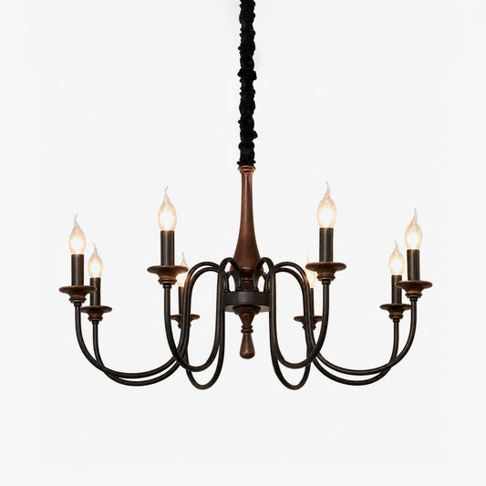 Rustic Wood & Iron Candle Chandelier with Adjustable Height & Elegant
