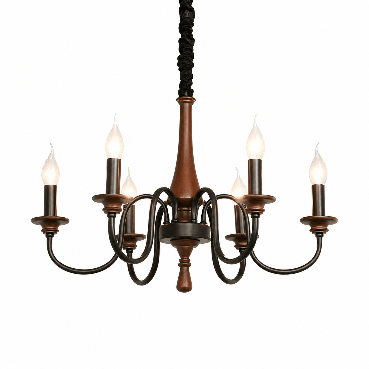 Rustic Wood & Iron Candle Chandelier with Adjustable Height & Elegant