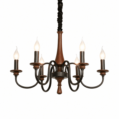 Rustic Wood & Iron Candle Chandelier with Adjustable Height & Elegant