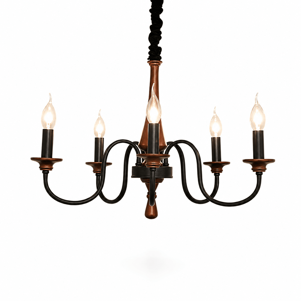 Rustic Wood & Iron Candle Chandelier with Adjustable Height & Elegant
