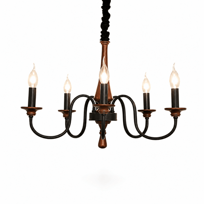 Rustic Wood & Iron Candle Chandelier with Adjustable Height & Elegant